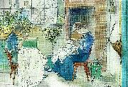 Carl Larsson syende jantor-flickor som sy vid fonstret painting